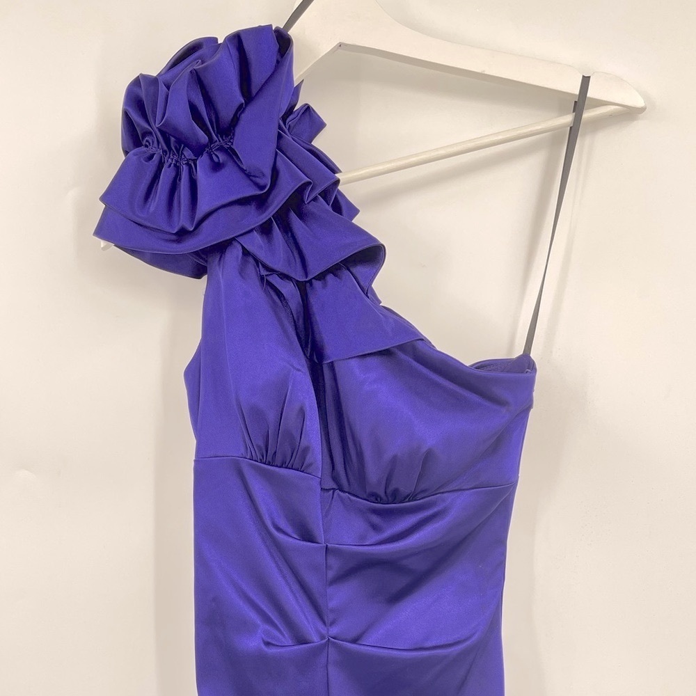 Xscape Formal Dress Purple One Shoulder Ruffle Mermaid Satin Gown Prom Formal - Picture 4 of 6